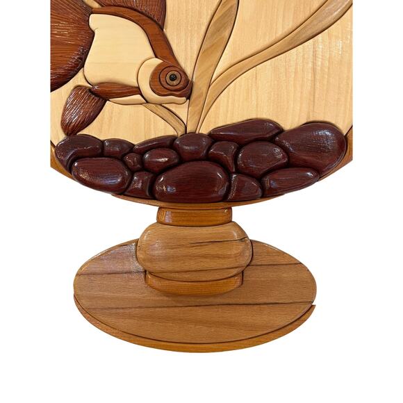 Handmade Intarsia Goldfish Bowl Wall Hanging Art Decor Wood Sculpture - Picture 2 of 4